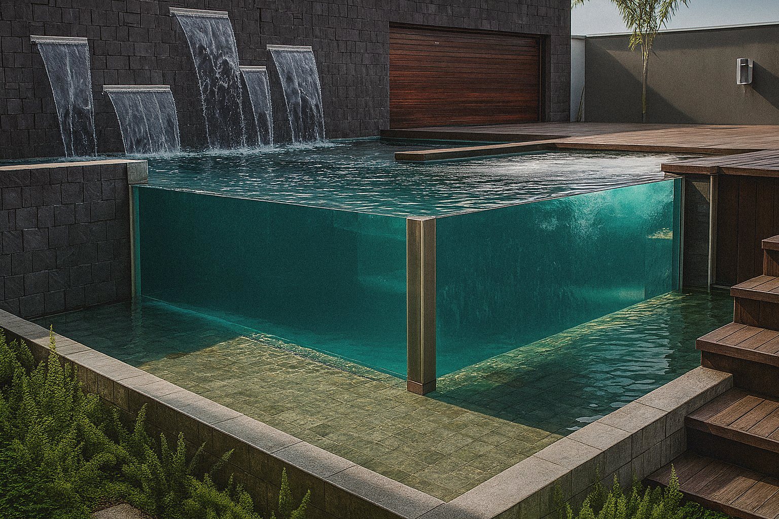Piscina com painel de vidro estrutural e cascatas em parede de pedra